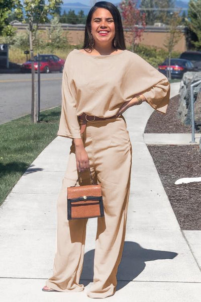 Apricot Bracelet Sleeve Waist Tie Wide Leg Jumpsuit